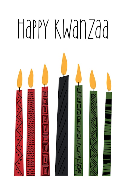 Tarjeta de felicitación Happy Kwanzaa con siete largas velas kinara rojo negro verde decoradas con adornos