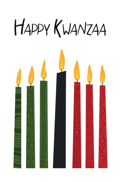 Tarjeta de felicitación Happy Kwanzaa con siete velas kinara largas decoradas en rojo, negro y verde