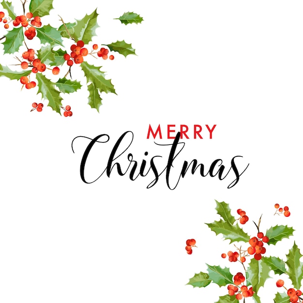 Tarjeta de felicitación de la hoja del acebo de la Feliz Navidad del invierno