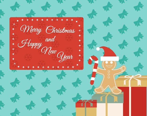 Tarjeta de felicitación con hombre de pan de jengibre con sombrero de santa y regalos