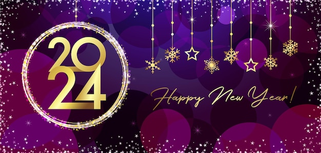 Tarjeta de felicitación horizontal Una bola de Navidad de Feliz Año Nuevo 2024 con el número dorado creativo 20 24