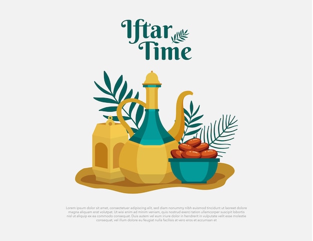 Tarjeta de felicitación de Iftar Time con comida tradicional.