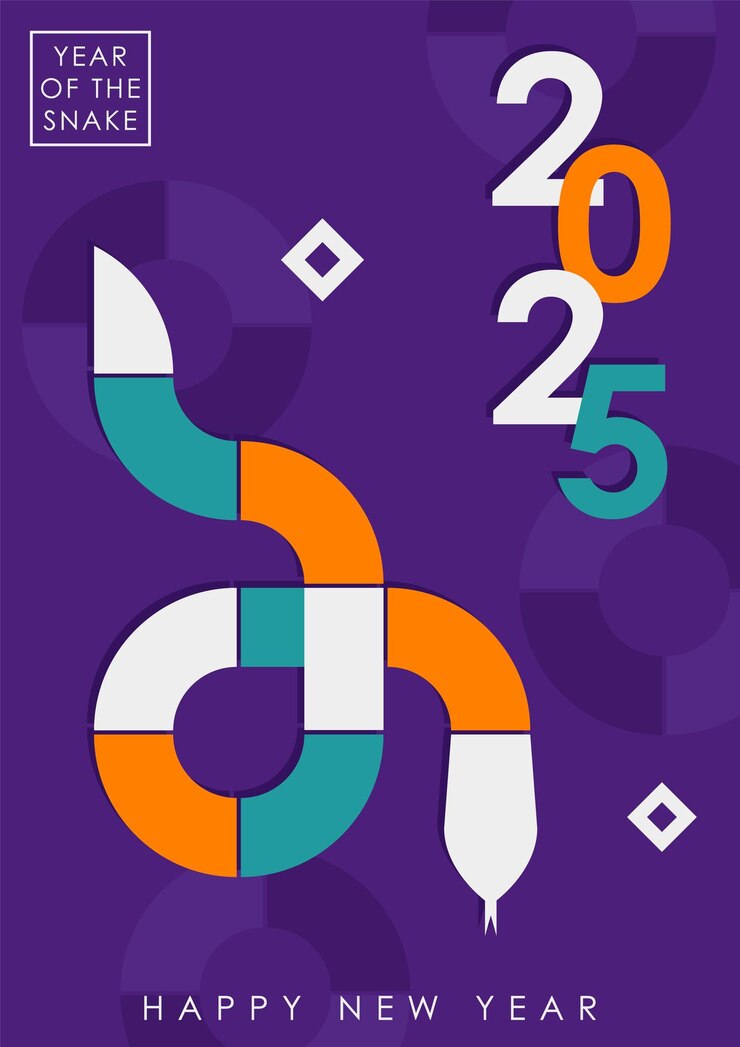 Vector tarjeta de felicitación con ilustración vibrante para 2025 año de la serpiente con serpiente geométrica