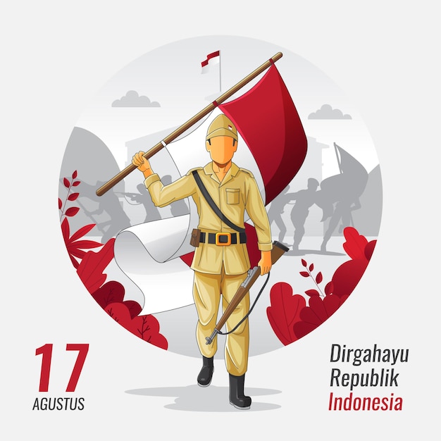 Tarjeta de felicitación de la independencia de indonesia con un héroe con bandera