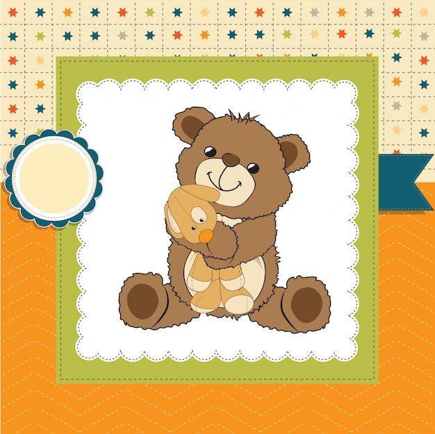 Tarjeta de felicitación infantil con oso de peluche y su juguete