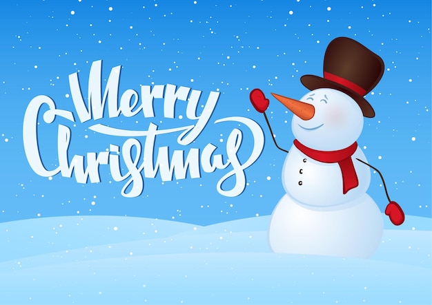 Tarjeta de felicitación de invierno con muñeco de nieve y letras a mano de Feliz Navidad.