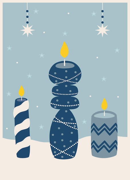 Tarjeta de felicitación de invierno con velas navideñas en tonos azules con ilustración de vector de texto