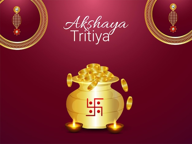 Vector tarjeta de felicitación de invitación akshaya tritiya con moneda de oro kalash