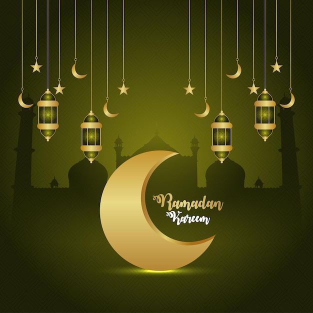 Tarjeta de felicitación de invitación al festival islámico de ramadan kareem con luna creativa y linterna