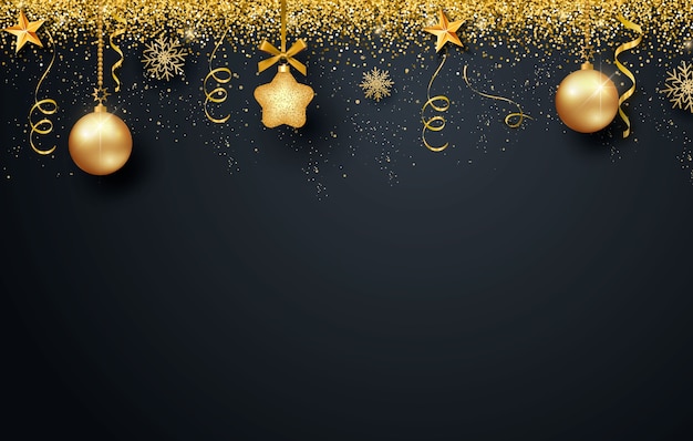 Tarjeta de felicitación, invitación con feliz año nuevo 2021 y Navidad. Bolas de Navidad de oro metálico, decoración, confeti reluciente, brillante sobre un fondo negro.