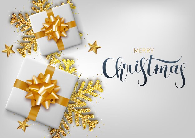Tarjeta de felicitación, invitación con feliz año nuevo. Caja de regalo y copo de nieve navideño dorado metálico