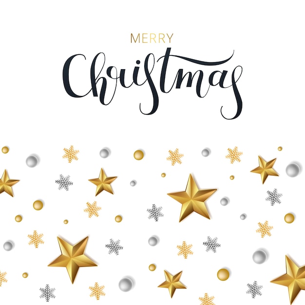 Tarjeta de felicitación, invitación con feliz año nuevo y Navidad. Estrellas de oro metálico, decoración, brillando sobre un fondo blanco.