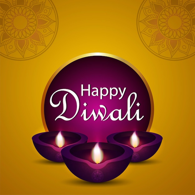 Tarjeta de felicitación de invitación feliz diwali con diwali diya realista sobre fondo amarillo
