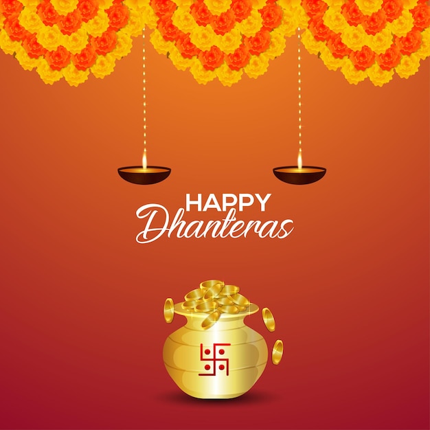 Tarjeta de felicitación de la invitación de shubh dhanteras con la olla de la moneda de oro del vector y la flor de la guirnalda