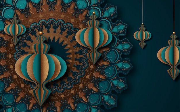 Tarjeta de felicitación islámica para el Ramadán. Estilo de arte en papel.