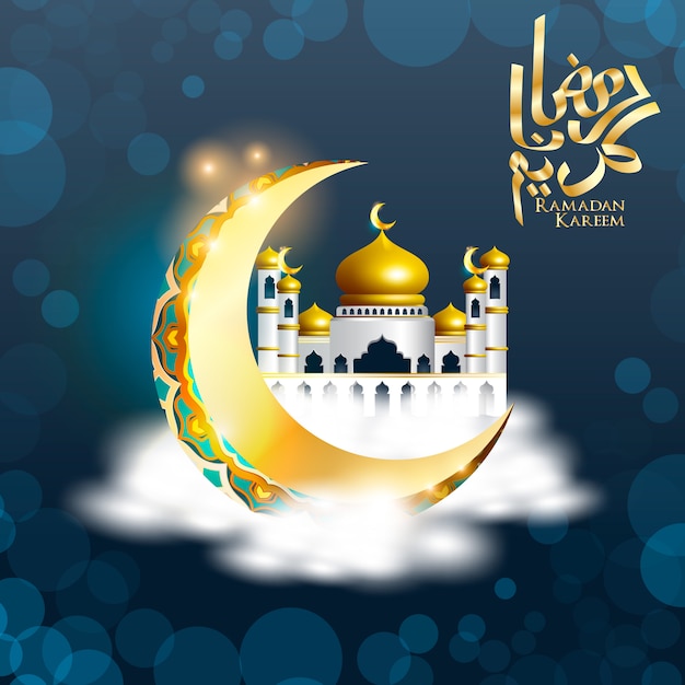 Tarjeta de felicitación islámica de Ramadán Kareem luna creciente y cúpula de la mezquita