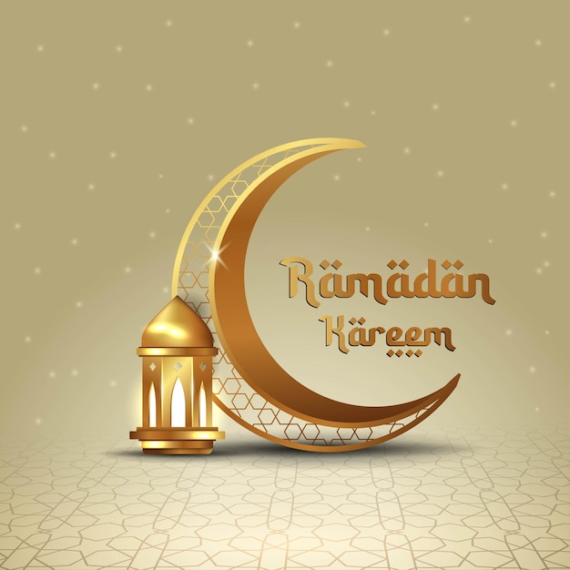 Tarjeta de felicitación islámica de ramadán kareem con luna creciente y linterna con caligrafía árabe