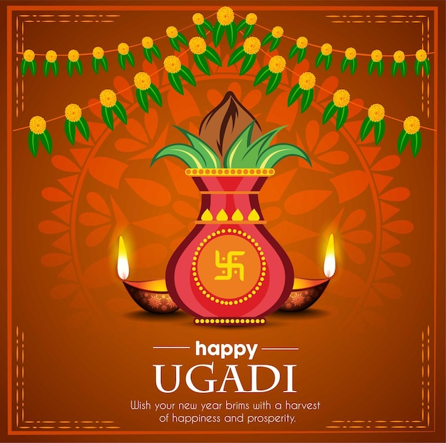 Tarjeta de felicitación con kalash y celebración tradicional festival de año nuevo indio ugadi gudi padwa