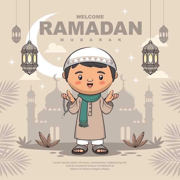 Tarjeta de felicitación de Kareem de Ramadán con un niño musulmán Ilustración de dibujos animados