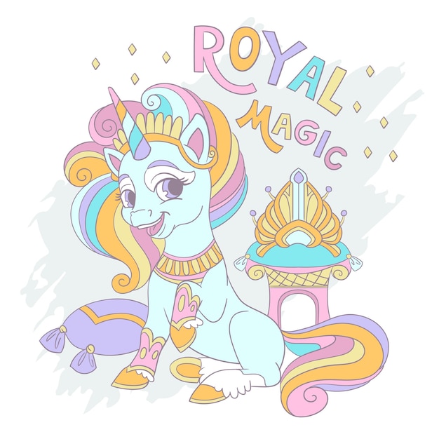 Tarjeta de felicitación con una linda reina unicornio y un vector de letras