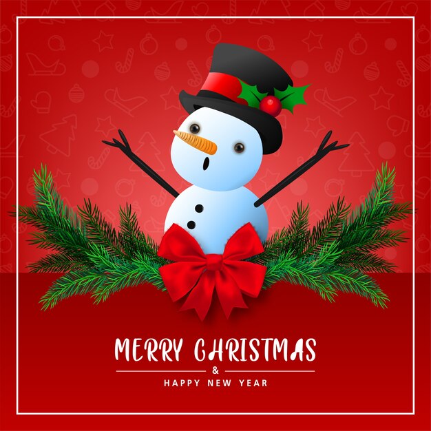 Vector tarjeta de felicitación lindo muñeco de nieve sobre fondo rojo para feliz navidad y feliz año nuevo tarjeta ilustración vectorial