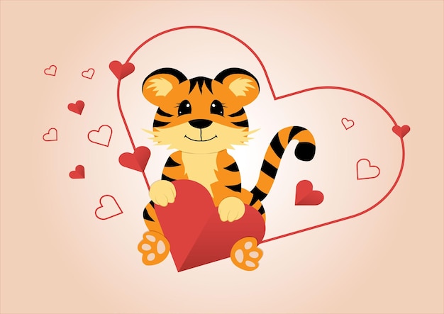 Tarjeta de felicitación con lindo pequeño tigre sentado con corazones