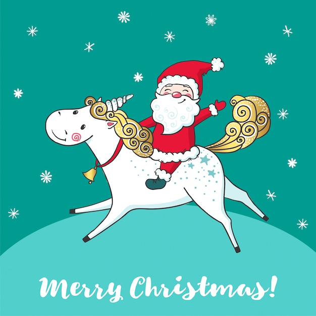 Tarjeta de felicitación con lindo unicornio y Santa Claus.