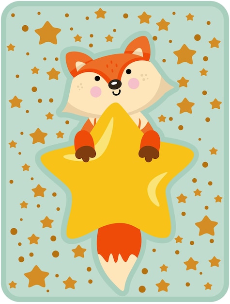 Tarjeta de felicitación con un lindo zorro volando sosteniendo una gran estrella