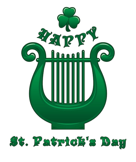 Tarjeta de felicitación con lira de trébol e inscripción de saludo feliz día de san patricio lyra instrumento musical irlandés tradicional símbolo de celebración del día de patricio ilustración vectorial aislada en blanco