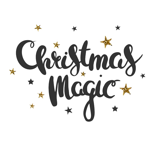 Tarjeta de felicitación mágica de Navidad para Navidad con letras dibujadas a mano y estrellas doradas