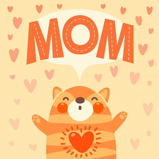 Vector tarjeta de felicitación para mamá con lindo gatito.