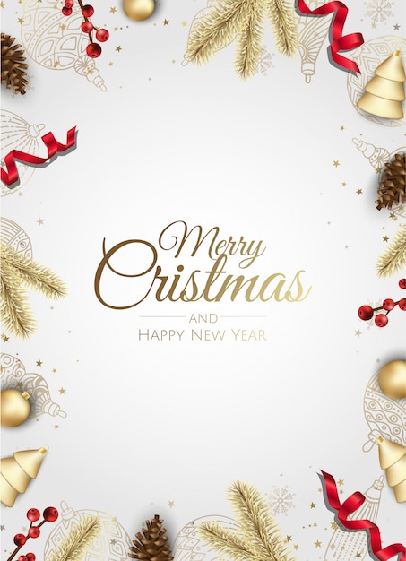 Tarjeta de felicitación de marco dorado adornos navideños