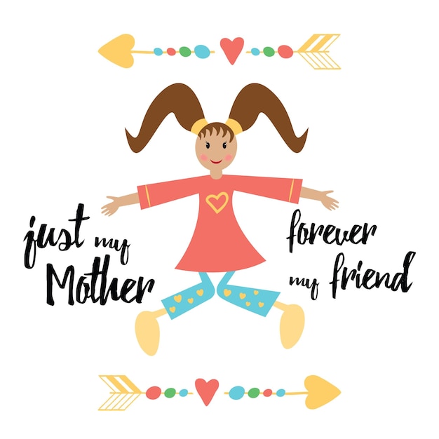 Vector tarjeta de felicitación para la mejor madre con una niña sonriente y una cita solo mi madre para siempre, mi amiga