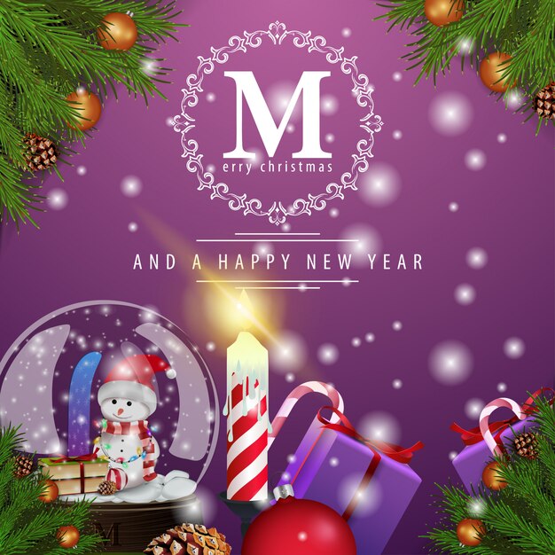 Tarjeta de felicitación moderna de Navidad con ramas de abeto, regalos y globo de nieve