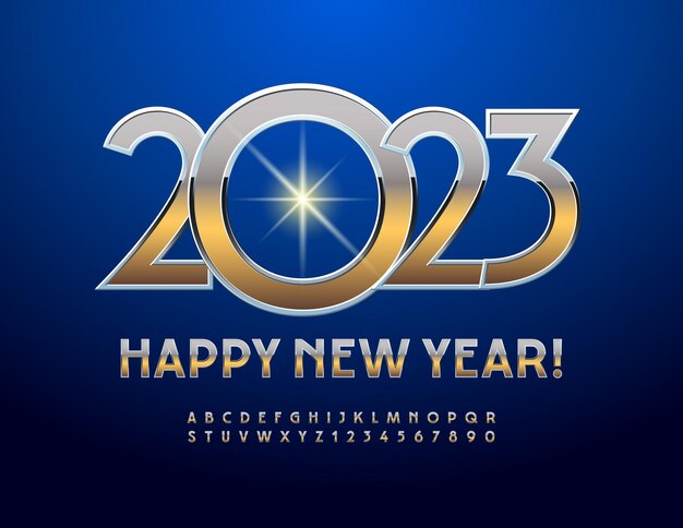 Tarjeta de felicitación moderna vectorial ¡Feliz año nuevo 2023! Fuente brillante plateada y dorada. Conjunto de alfabeto con estilo