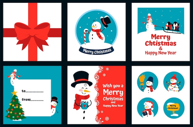 Tarjeta de felicitación de muñeco de nieve personaje de dibujos animados de navidad nieve y copos de nieve colección carteles de año nuevo con figuras de invierno abeto y pingüinos plantilla de postal de firma vector conjunto de banners web de navidad