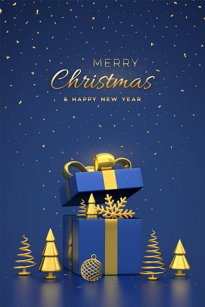 Tarjeta de felicitación de Navidad Abre caja de regalo con arco dorado cono metálico dorado forma abeto árboles de copo de nieve bola festiva globos de helio confeti sobre fondo azul pancarta de Navidad Ilustración vectorial