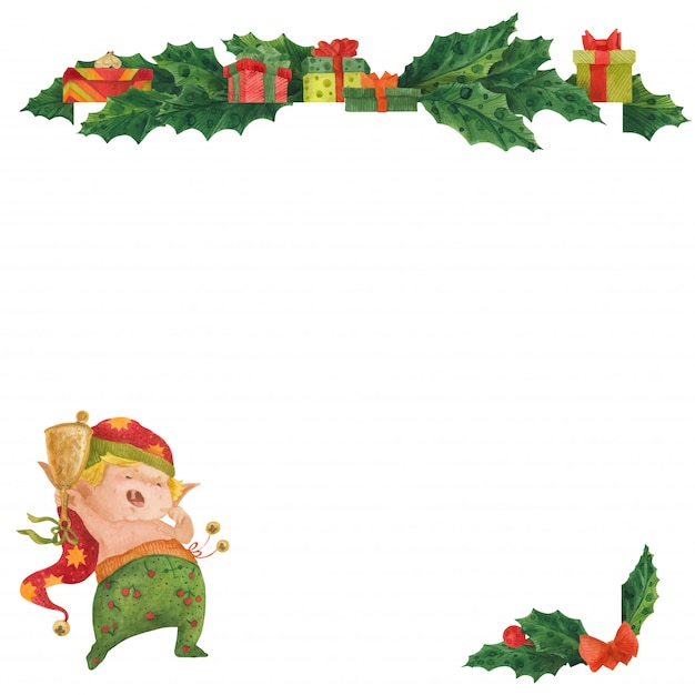 Tarjeta de felicitación de Navidad con acebo y duende despierto