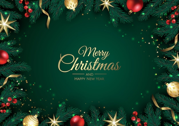 Vector tarjeta de felicitación de navidad con adornos de árbol de navidad, ramas de pino, copos de nieve y confeti.