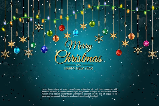 Tarjeta de felicitación de Navidad con adornos colgantes y estrellas