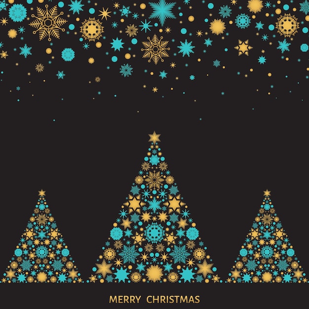 Tarjeta de felicitación de Navidad y año nuevo. Árbol de Navidad con copos de nieve de oro. Vector fondo negro.