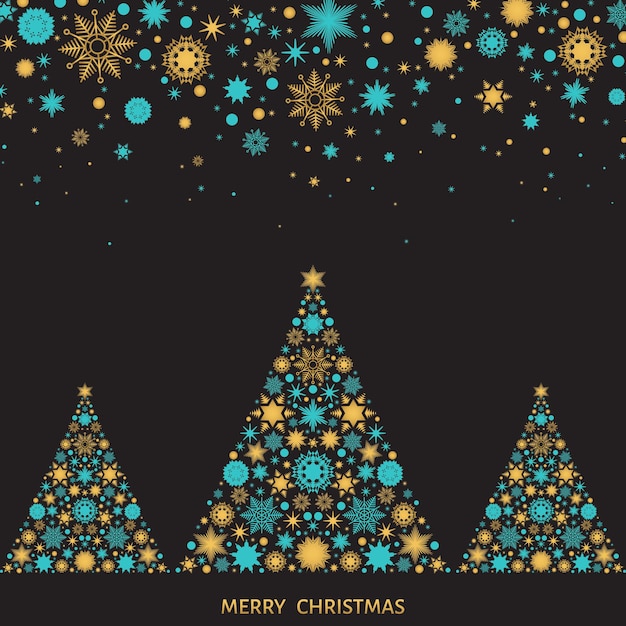 Tarjeta de felicitación de navidad y año nuevo. árbol de navidad con copos de nieve de oro. vector fondo negro.