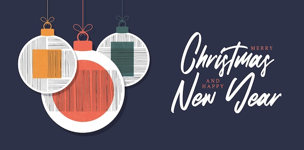 Tarjeta de felicitación de Navidad y año nuevo con bolas de Navidad decorativas de arte moderno y telón de fondo de estrellas. Adorno de diseño geométrico de año nuevo mínimo 20, plantilla de vector con elementos de formas primitivas
