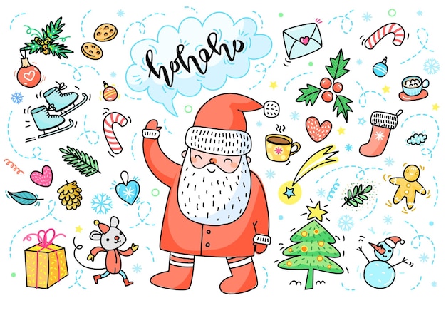 Vector tarjeta de felicitación de navidad y año nuevo. dibujado a mano santa claus con adornos de año nuevo y letras ho-ho-ho. ilustración de vector de doodle.