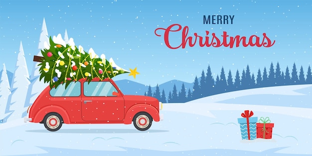 Tarjeta de felicitación de Navidad y Año Nuevo de dibujos animados Diseño de tarjeta o cartel de Navidad con rojo retro con árbol de Navidad a bordo Ilustración vectorial en estilo plano
