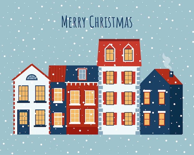 Tarjeta de felicitación de Navidad y año nuevo con lindas casas y fondo de nieve Ilustración vectorial plana