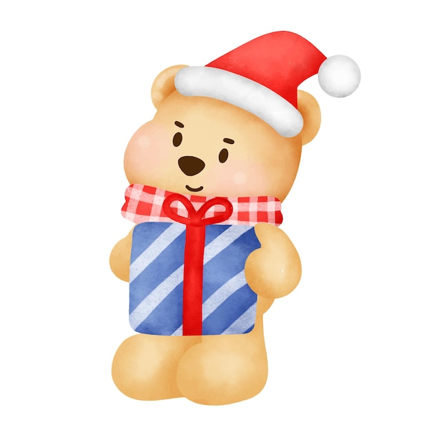 Tarjeta de felicitación de Navidad y año nuevo con un lindo oso de peluche en estilo acuarela.