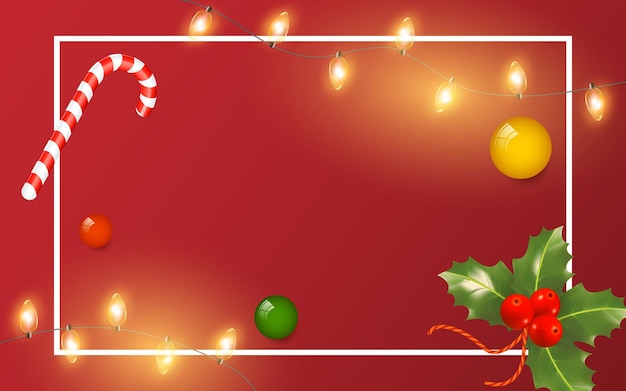 Tarjeta de felicitación de Navidad y año nuevo con marco de luces y juguetes sobre fondo rojo Cartel de invierno