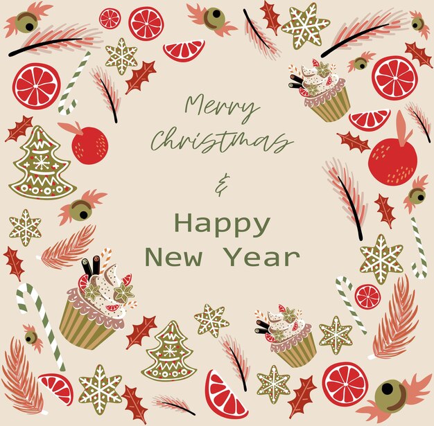 tarjeta de felicitación de Navidad de año nuevo plantilla vectorial con elementos lindos para el diseño