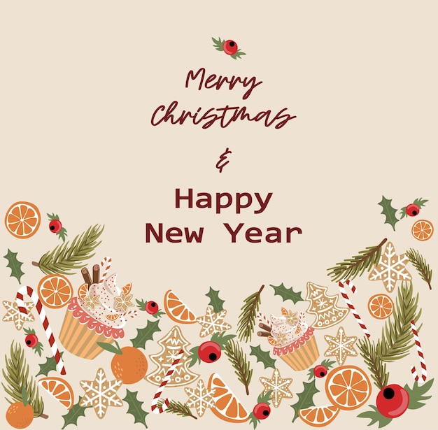 tarjeta de felicitación de Navidad de año nuevo plantilla vectorial con elementos lindos para el diseño